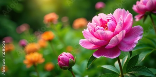 Wallpaper Mural Lush pink peonies in full bloom, vibrant garden setting , blossom, bloom Torontodigital.ca
