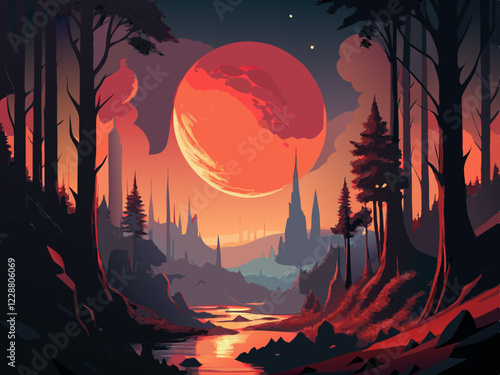 "Eerie Primeval Forest with Blood-Red Moon – Cinematic Vector Artwork"

