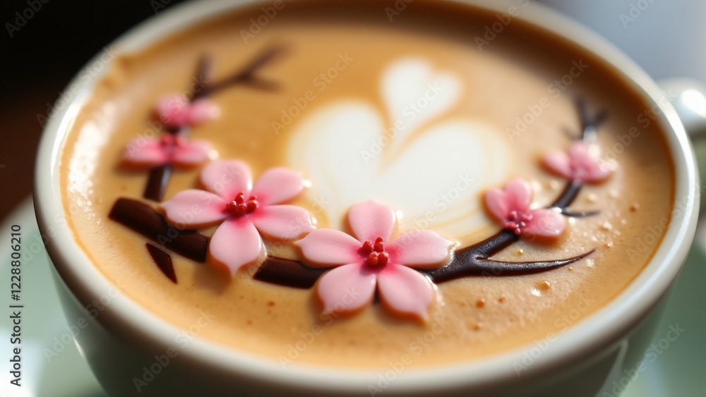 A delicate cherry blossom branch in latte art, capturing the beauty of spring with soft petals and flowing design, perfect for a peaceful moment. A delicate cherry blossom branch in latte art, capturing the beauty of spring with soft petals and flowing design, perfect for a peaceful moment.