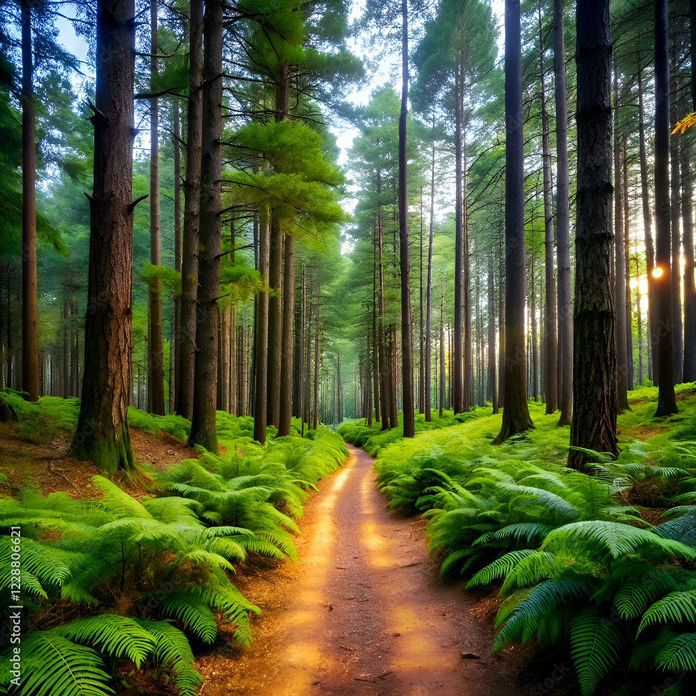 Forest Path at Sunrise. A Serene Nature Trail Forest Path at Sunrise. A Serene Nature Trail