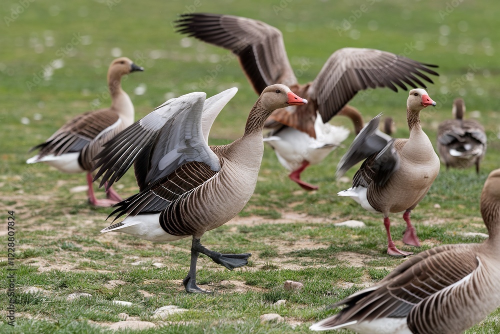 A flock of geese are walking on a grassy field A flock of geese are walking on a grassy field