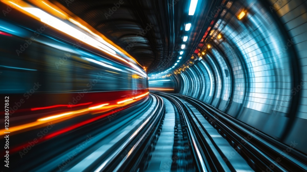 Fototapeta premium Subway tunnel perspective, blurred train movement, vibrant lighting, dynamic composition 