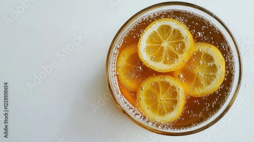 Lemon slices in fizzy drink, white background, refreshment photo