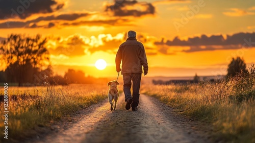 Fototapeta Naklejka Na Ścianę i Meble -  A man and his dog are walking down a dirt road at sunset