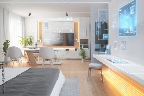 Modern apartment visualizes mobile design interfaces through AR holography.