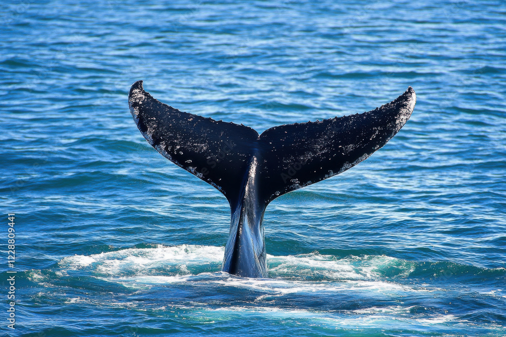 Fototapeta premium Whale tail emerging from the icy waters of the polar ocean