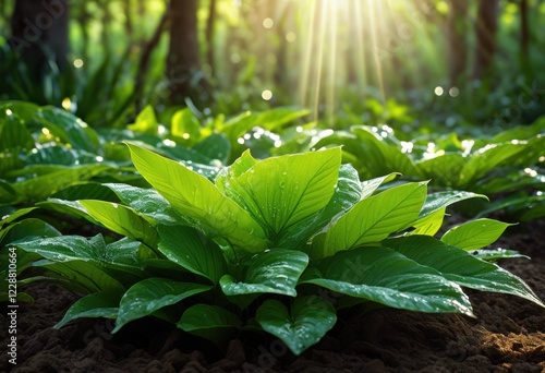 vibrant close plant showcasing intricate details lush foliage set rustic textured soil background, leaves, green, botanical, growth, earth, macro, surface photo