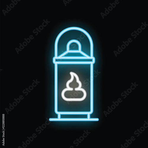 Glowing neon line trash can with dog poop icon isolated on black background. Vector illustration