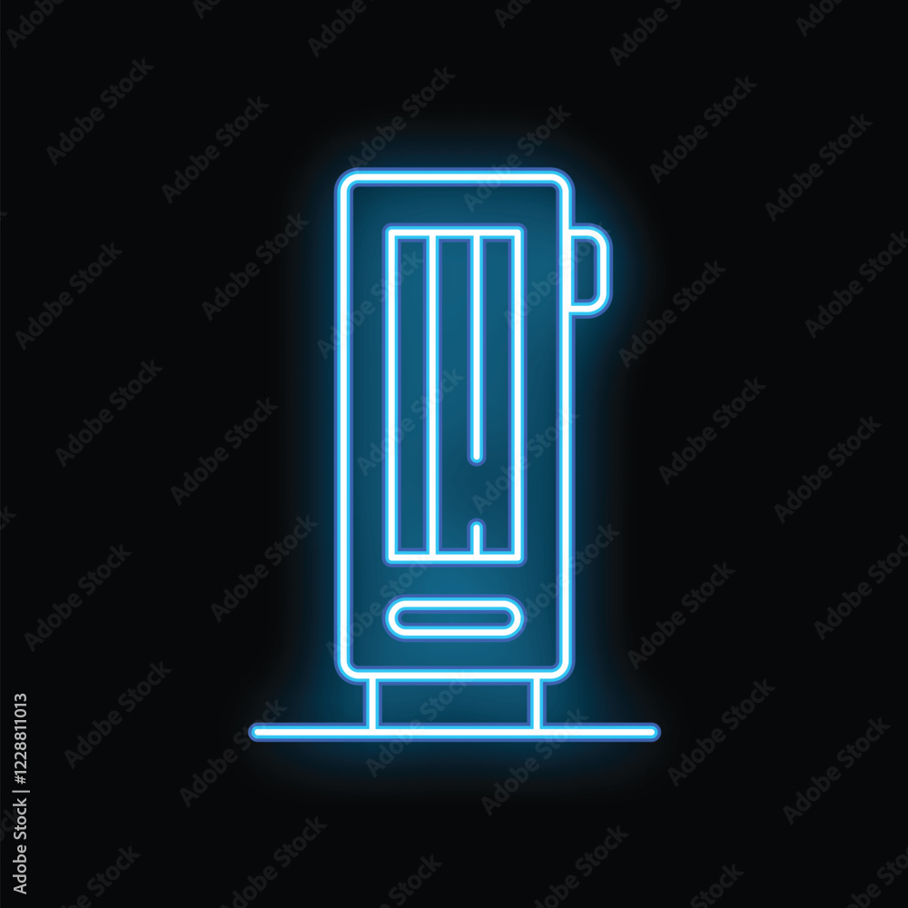 Bright blue neon sign depicting an electric heater standing on the floor Bright blue neon sign depicting an electric heater standing on the floor