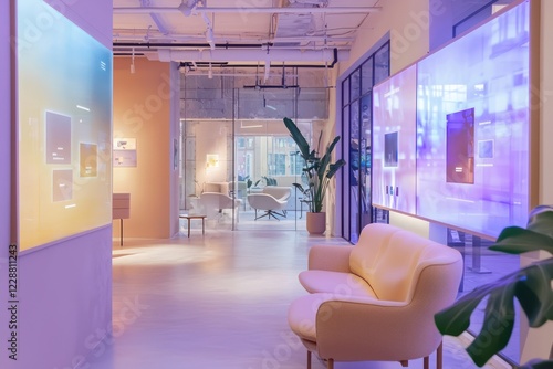 Mood boards created by AI holography assist in campaign ideation in a coworking area.