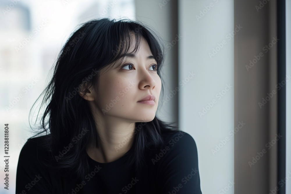 Woman in Self-Reflection, Gazing Out the Window in Thought Woman in Self-Reflection, Gazing Out the Window in Thought