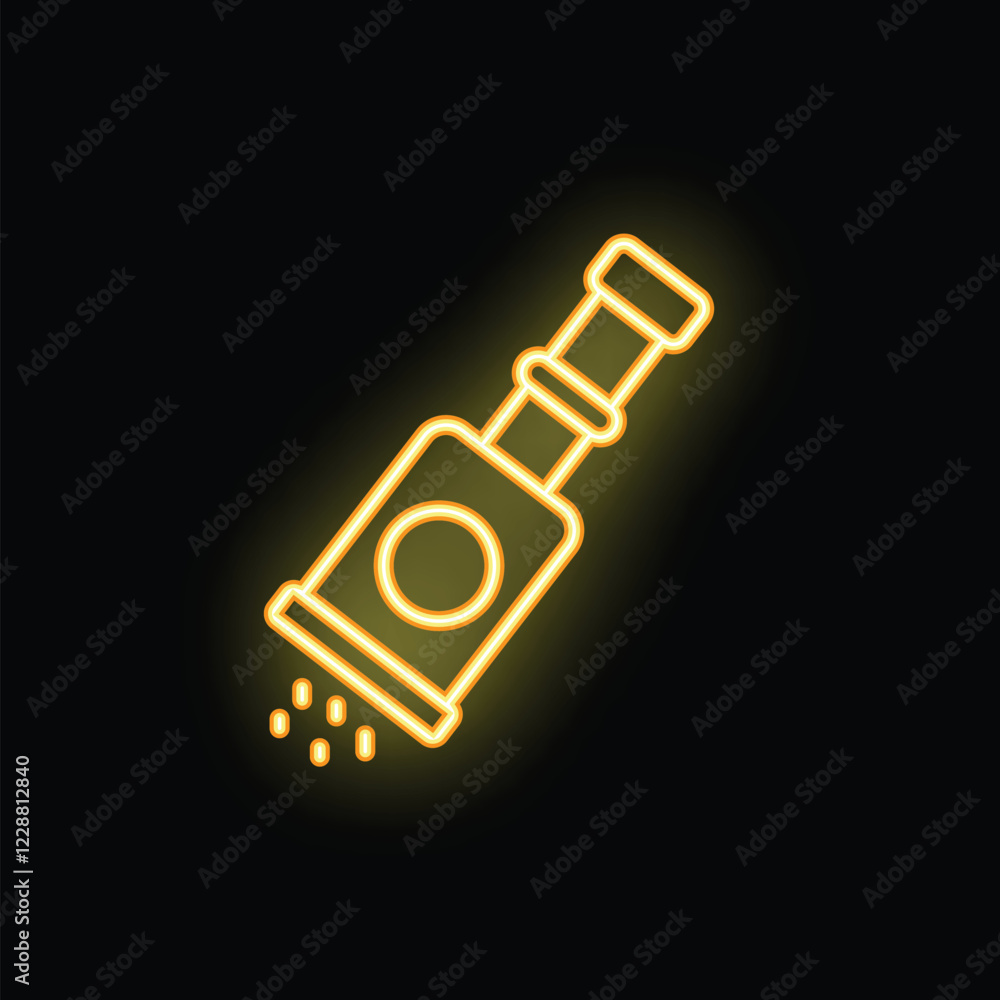 Yellow glowing neon sign depicting a bottle pouring oil or alcohol with motion trails on black background Yellow glowing neon sign depicting a bottle pouring oil or alcohol with motion trails on black background