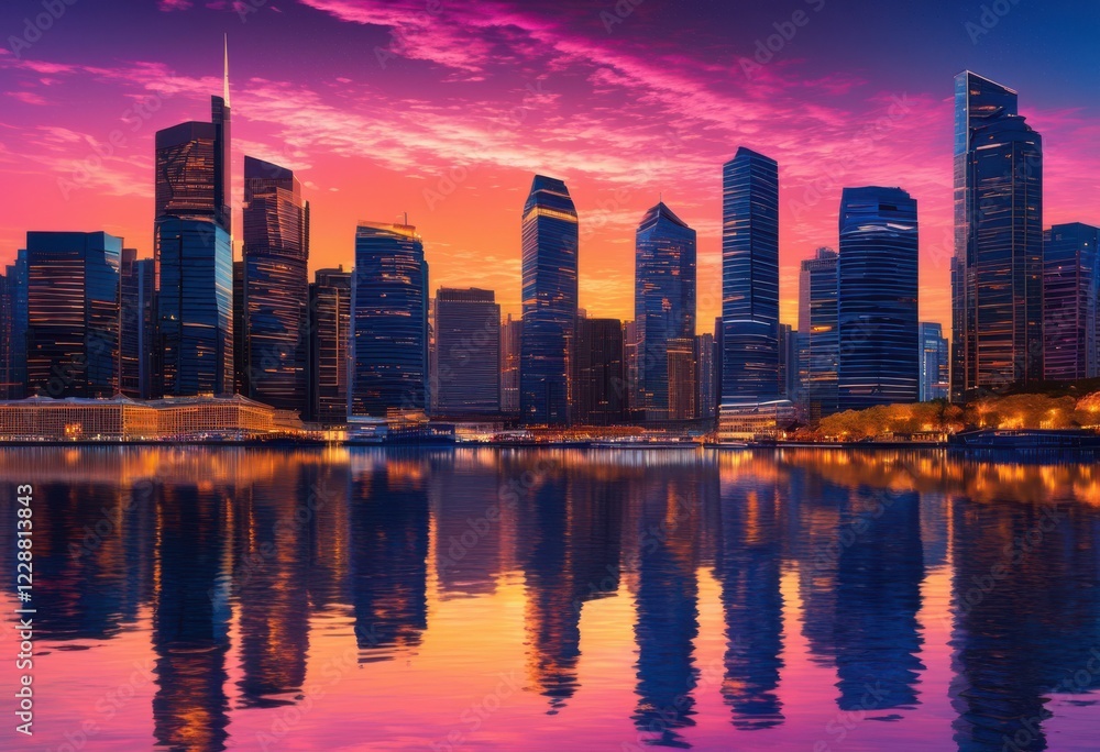 Naklejka premium vibrant city skyline twilight reflections over water surfaces illuminated buildings creating colorful nightscape elements, architecture, cityscape, urban