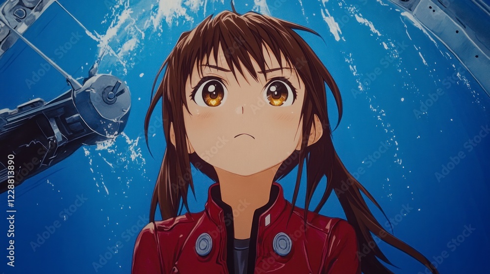 Anime Girl Futuristic Scenery Brown Hair Red Jacket Water Splashes Digital Art Anime Girl Futuristic Scenery Brown Hair Red Jacket Water Splashes Digital Art