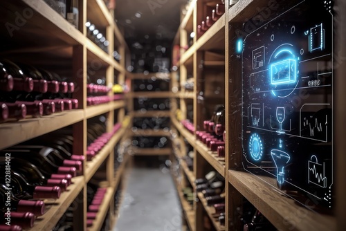 Subterranean wine cellar with AI-driven holographic alerts for temperature fluctuations.