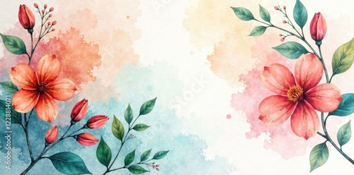Abstract watercolor wash with leafy floral elements, flower, paint, pattern