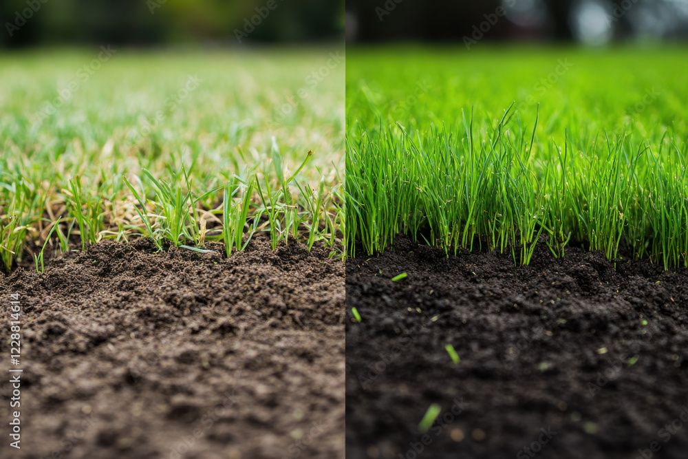 Side-by-side images of freshly planted grass and fully grown patches Side-by-side images of freshly planted grass and fully grown patches