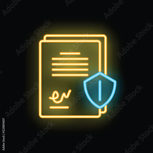 Neon icon of important documents being protected by a blue shield with an information symbol