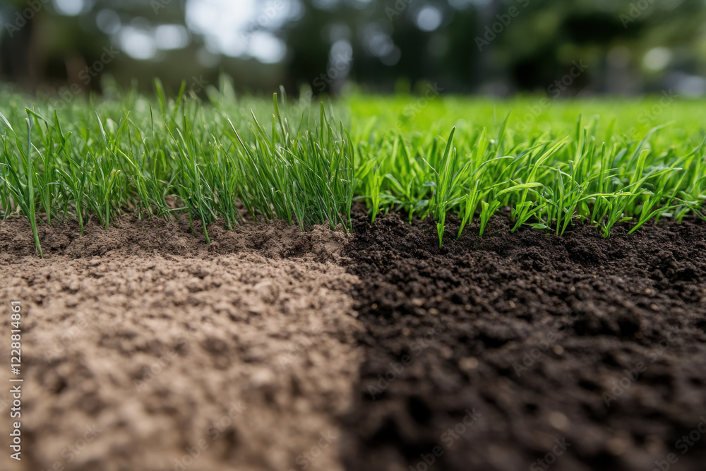 Side-by-side images of freshly planted grass and fully grown patches Side-by-side images of freshly planted grass and fully grown patches