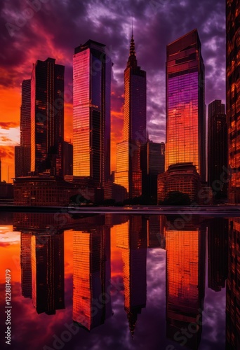 stunning cinematic city skyline captured sunset vibrant skyscrapers silhouettes dramatic cloud patterns, architecture, backdrop, beauty, buildings photo