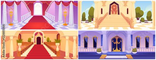 Castle corridor with staircase, palace entrance hall with pillars and potted plants vector set, medieval interior