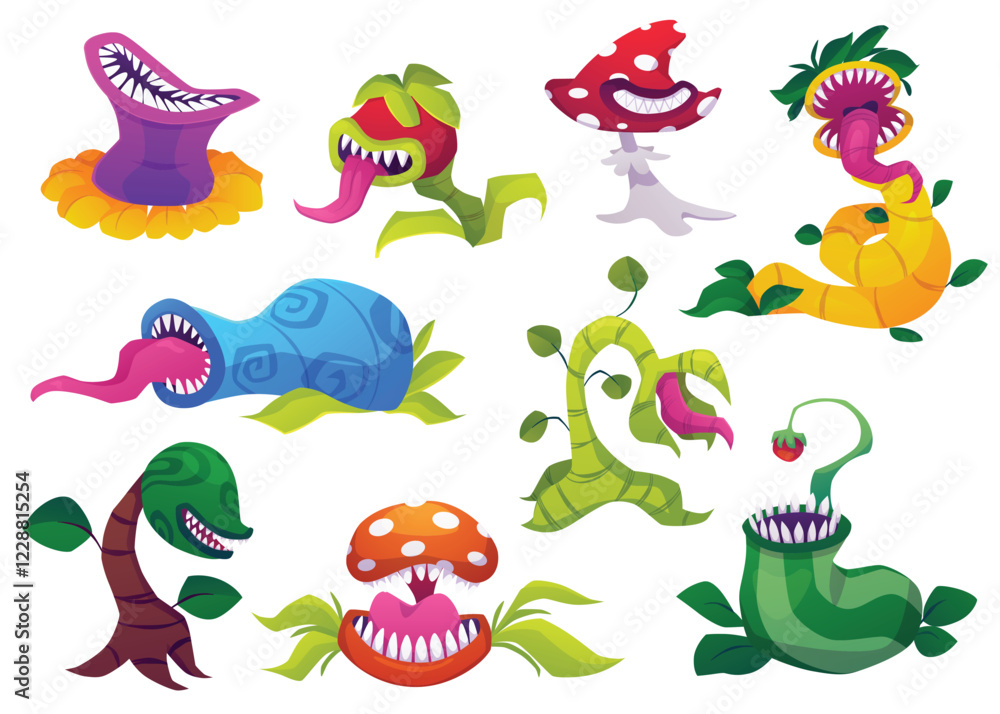 A frightening vector set poisonous plants and fungi with predatory teeth and a long tongue. A frightening vector set poisonous plants and fungi with predatory teeth and a long tongue.