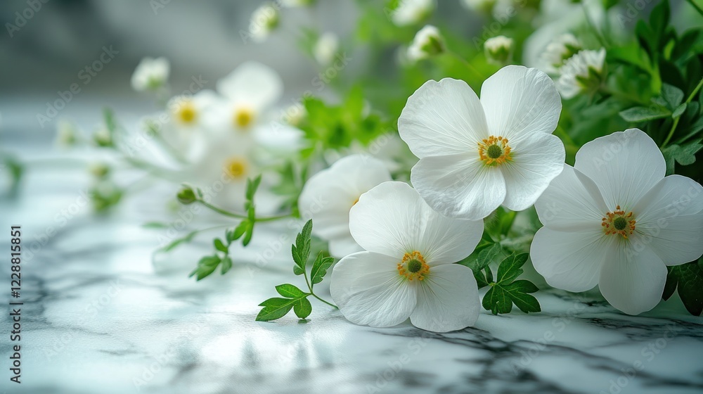 Obraz premium White flowers marble table spring wedding card