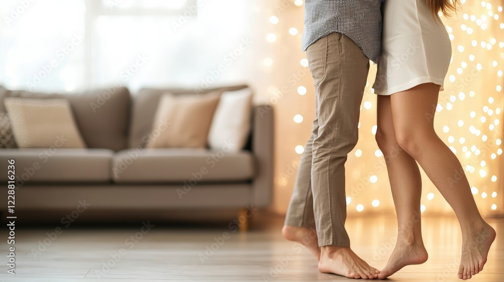Love and Happiness: The Path to Fulfillment, Couple dancing barefoot in a cozy living room with soft lighting and a comfortable sofa. Love and Happiness: The Path to Fulfillment, Couple dancing barefoot in a cozy living room with soft lighting and a comfortable sofa.
