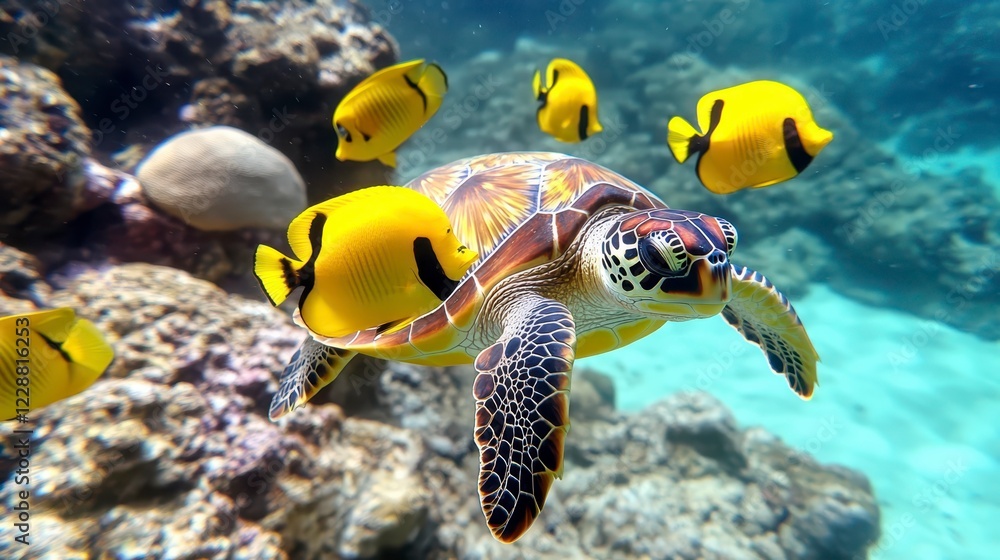 Obraz premium Sea Turtle Swimming Among Yellow Fish in Clear Ocean Waters