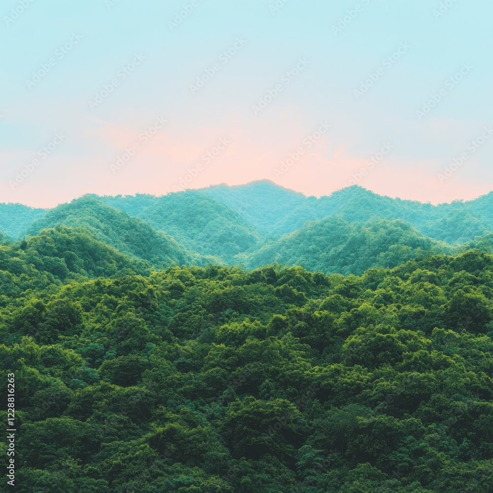 Fototapeta premium Lush Green Mountain Range Sunrise Aerial View