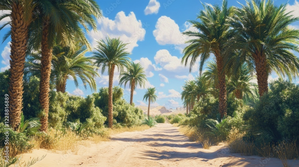 A lush date palm grove lining a sandy path under a vibrant clear blue sky, set in a picturesque desert landscape, serene and tranquil A lush date palm grove lining a sandy path under a vibrant clear blue sky, set in a picturesque desert landscape, serene and tranquil