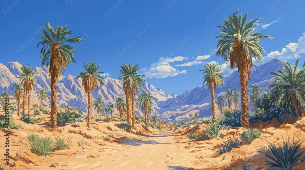 A picturesque desert scene featuring a vibrant date palm grove along a sandy trail under a cloudless bright blue sky A picturesque desert scene featuring a vibrant date palm grove along a sandy trail under a cloudless bright blue sky