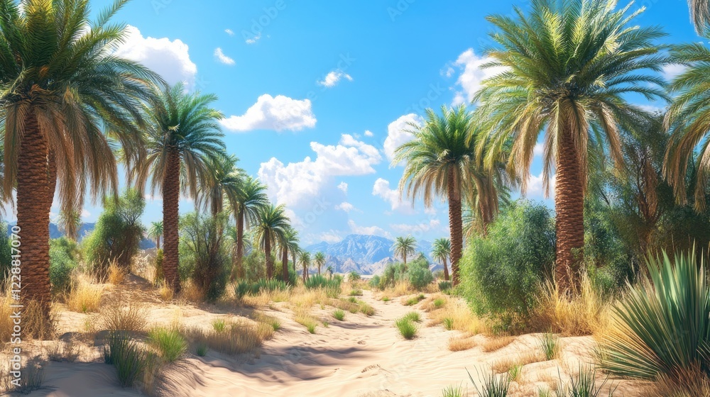 A picturesque desert scene featuring a vibrant date palm grove along a sandy trail under a cloudless bright blue sky A picturesque desert scene featuring a vibrant date palm grove along a sandy trail under a cloudless bright blue sky