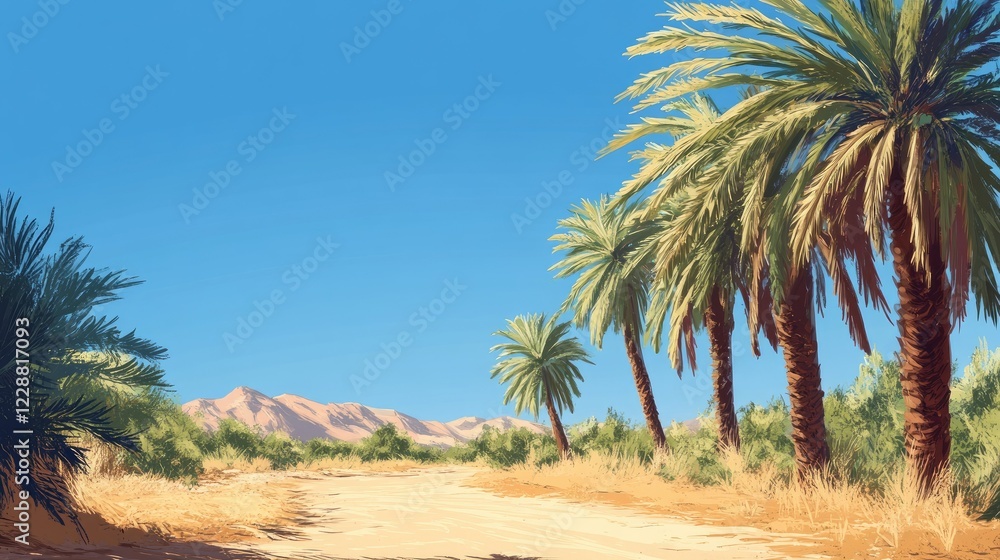 A picturesque desert scene featuring a vibrant date palm grove along a sandy trail under a cloudless bright blue sky A picturesque desert scene featuring a vibrant date palm grove along a sandy trail under a cloudless bright blue sky