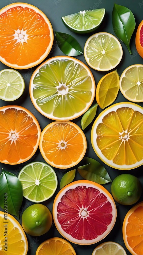 Obraz premium Freshly cut citrus fruits arranged in a colorful pattern.