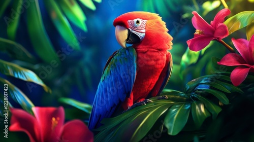 Wallpaper Mural Bright Scarlet Macaw Among Tropical Foliage and Exotic Flowers Torontodigital.ca