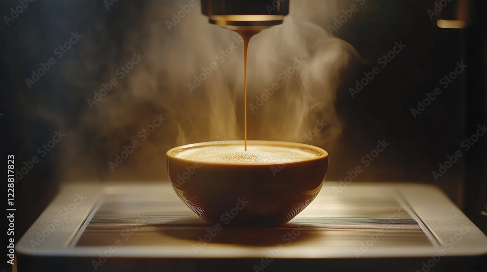 A coffee machine is pouring coffee into a brown bowl