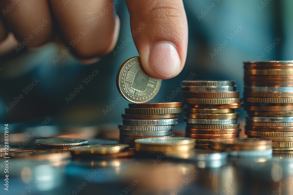 CloseUp of Hand Stacking Coins in Growing Tower Depicting Financial Growth and Savings Concept CloseUp of Hand Stacking Coins in Growing Tower Depicting Financial Growth and Savings Concept
