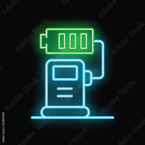 Neon icon representing a charging station for electric vehicles, with a battery indicator showing a full charge