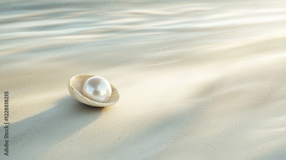 A single pearl shell resting on soft white sand, glistening under gentle light, showcasing natural beauty and elegance A single pearl shell resting on soft white sand, glistening under gentle light, showcasing natural beauty and elegance