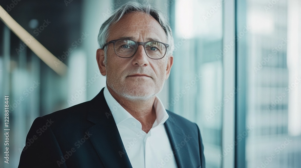 Confident businessman standing in an office overlooking a modern city. Confident businessman standing in an office overlooking a modern city.