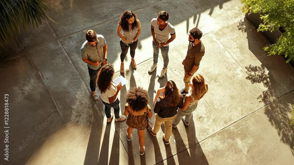 Diverse Group of Young Adults Meeting Outdoors in Sunlight