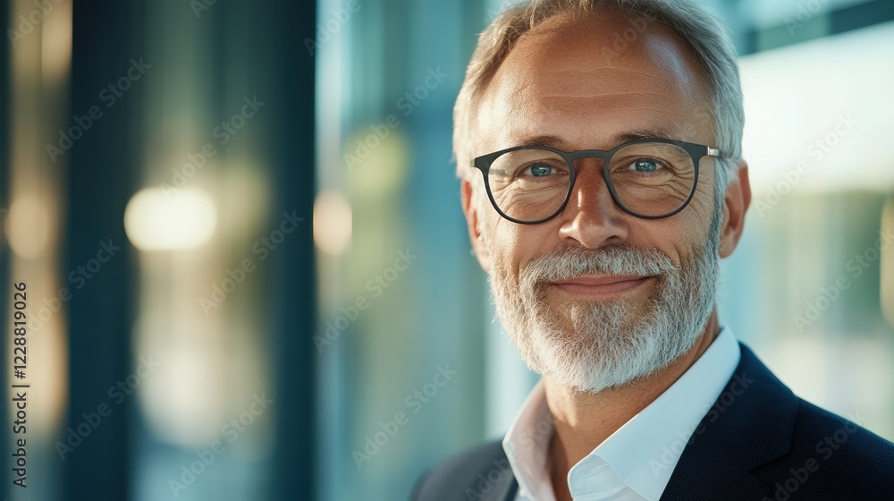 Confident businessman with glasses smiling in a modern office environment. Confident businessman with glasses smiling in a modern office environment.
