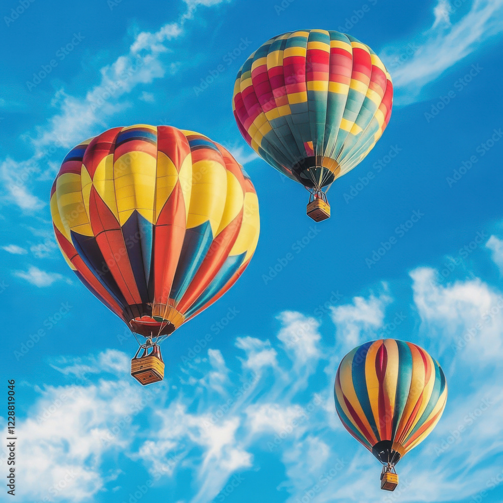 Naklejka premium Colorful hot air balloons soar in a clear blue sky during a vibrant festival celebration