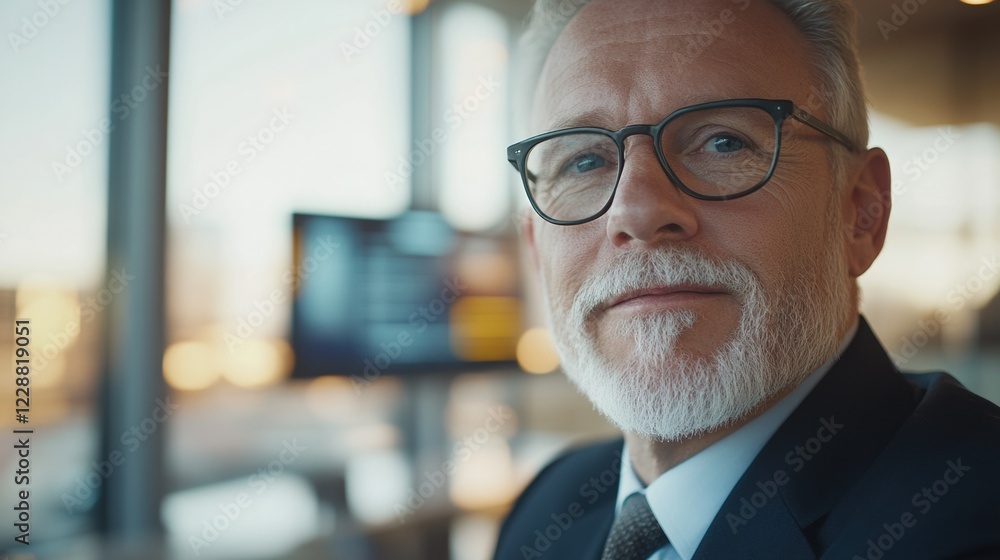 Confident businessman with glasses smiling in a modern office environment. Confident businessman with glasses smiling in a modern office environment.