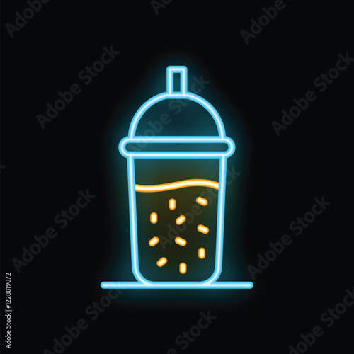 Glowing neon line plastic cup of tea with straw icon isolated on black background. Vector illustration