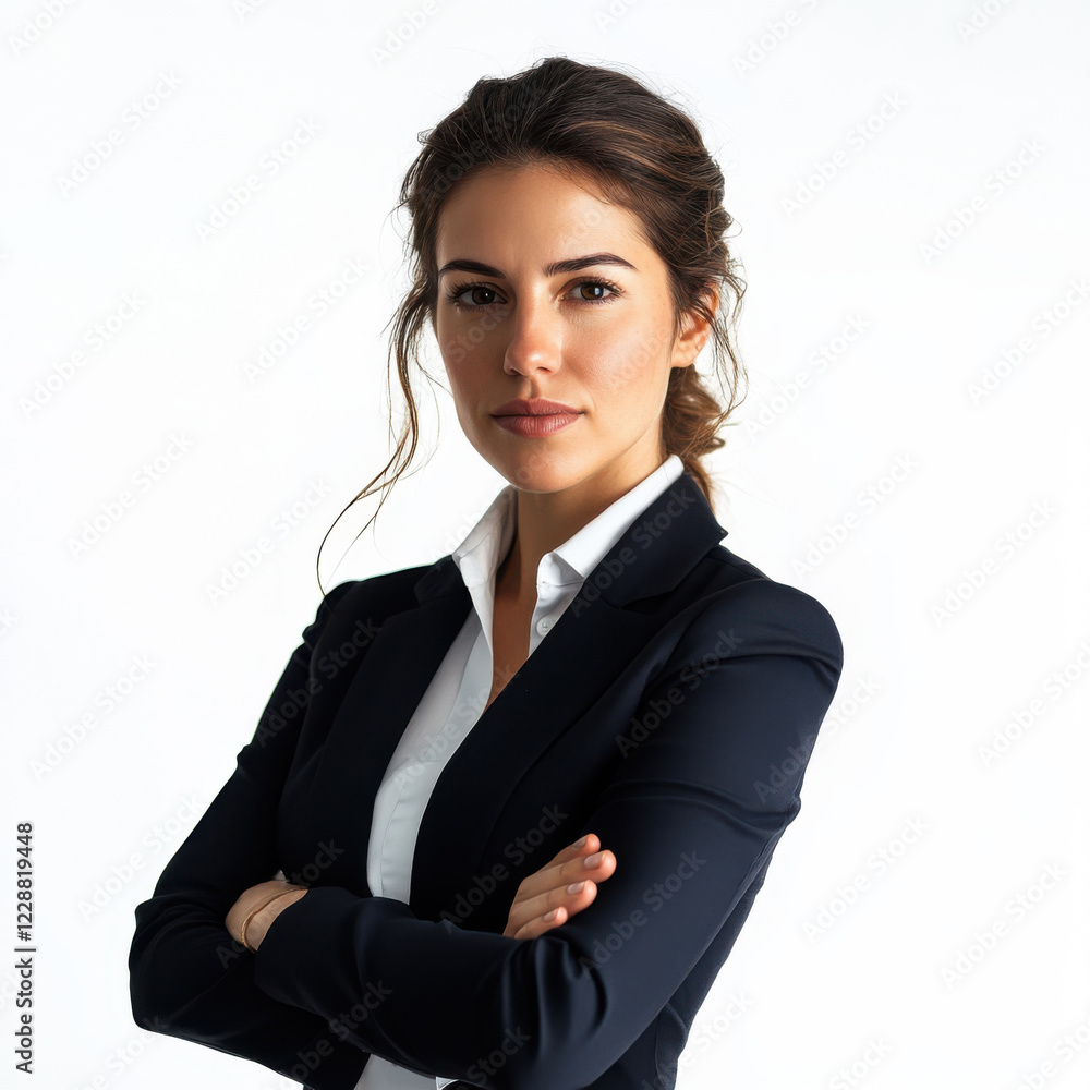 Confident professional woman poses with arms crossed in formal attire against a plain background Confident professional woman poses with arms crossed in formal attire against a plain background