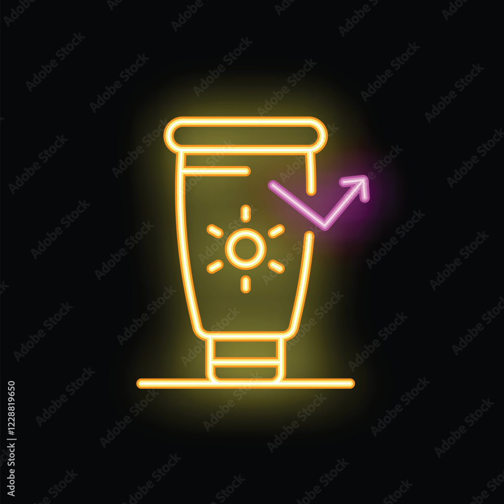 Neon icon of a sunscreen bottle with an spf increasing arrow, perfect for representing sun protection Neon icon of a sunscreen bottle with an spf increasing arrow, perfect for representing sun protection