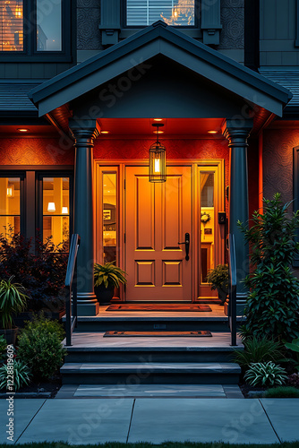 Illuminated Entrance: A Modern Home's Inviting Exterior at Night