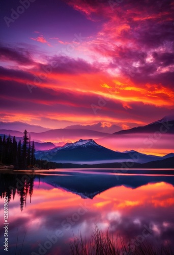 stunning cinematic sunset reflections over serene mountain lake vibrant colors calm waters captivating eye, nature, scenery, landscape, horizon, sky, beauty photo